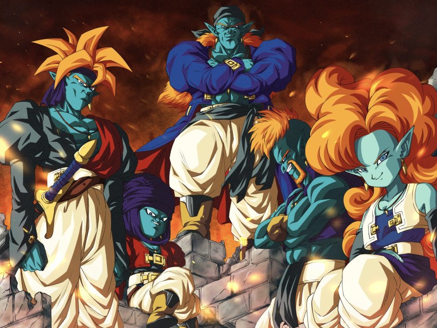 1girl 4boys aqua_skin bandana beard bidoo big_hair black_bandana blue_eyes bojack buujin colored_skin crossed_arms dragon_ball dragonball_z earrings embers facial_hair gokua headband highres jewelry long_hair mohawk multiple_boys muscular muscular_male necklace orange_hair pointy_ears sitting sword turban vest wai_(y48754085) weapon zangya