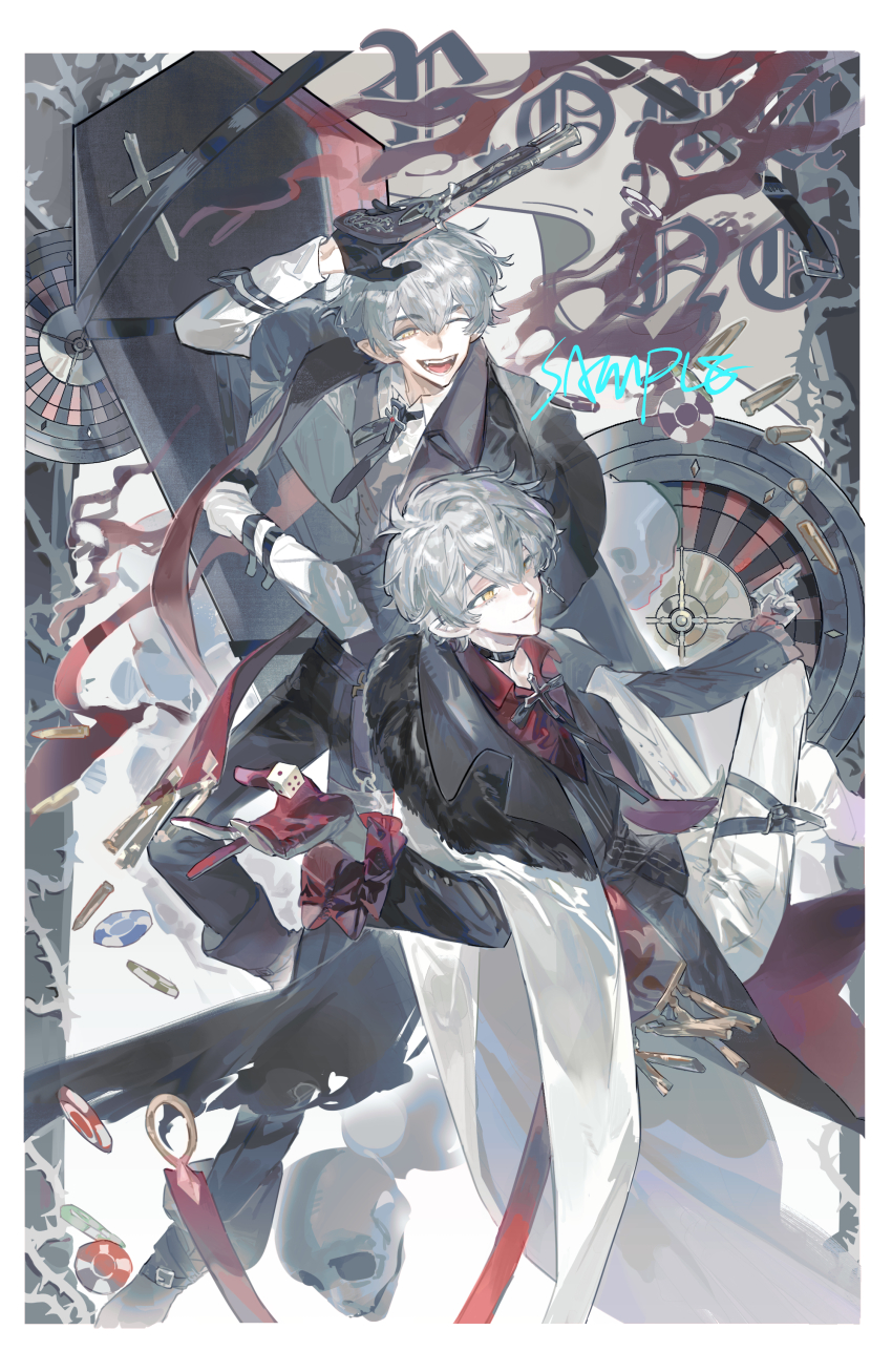 2boys absurdres black_coat black_pants bullet coat coffin collared_shirt gloves grey_hair gun hair_between_eyes handgun highres holding holding_gun holding_weapon jacket long_sleeves looking_at_viewer male_focus multiple_boys necktie one_eye_closed open_clothes open_coat open_mouth original pants qyzhiaiyisheng red_shirt sample_watermark shirt short_hair smile watermark weapon white_hair white_shirt yellow_eyes