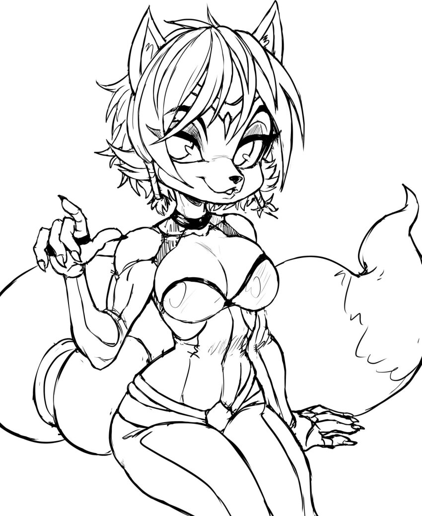 breasts circlet cleavage fox_girl fox_tail furry furry_female highres krystal large_breasts midriff navel nintendo sitting sketch star_fox star_fox_adventures tail teevo