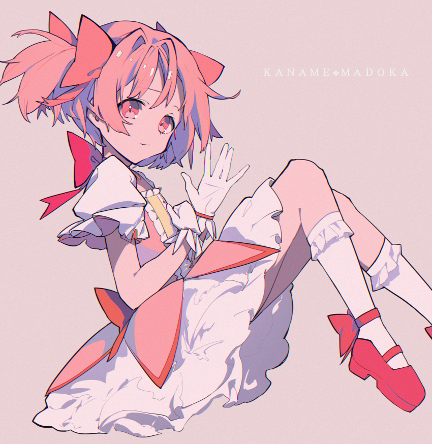 absurdres bow bow_choker bubble_skirt character_name choker chromatic_aberration dress frilled_socks frills from_side full_body gloves hair_bow hand_on_own_chest highres invisible_floor kaname_madoka kaname_madoka_(magical_girl) karins kneehighs knees_up light_smile magical_girl mahou_shoujo_madoka_magica mahou_shoujo_madoka_magica_(anime) open_hand pink_background pink_bow pink_dress pink_eyes pink_hair puffy_short_sleeves puffy_sleeves red_shoes shoes short_hair short_sleeves short_twintails simple_background sitting skirt socks twintails white_gloves white_socks