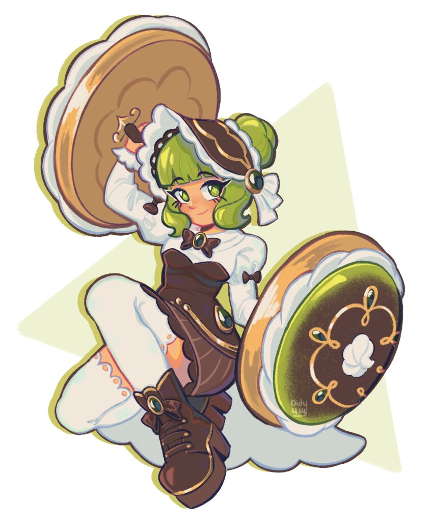 1girl aegyo_sal blunt_bangs cookie_run cookie_run:_kingdom didy414 dress green_eyes green_hair green_tea_mousse_cookie green_tea_mousse_cookie_(soft_laced_bonnet) hair_bun highres holding humanization juliet_sleeves long_hair long_sleeves looking_at_viewer official_alternate_costume open_mouth puffy_sleeves reference_inset shield shirt short_hair simple_background skirt smile solo white_background