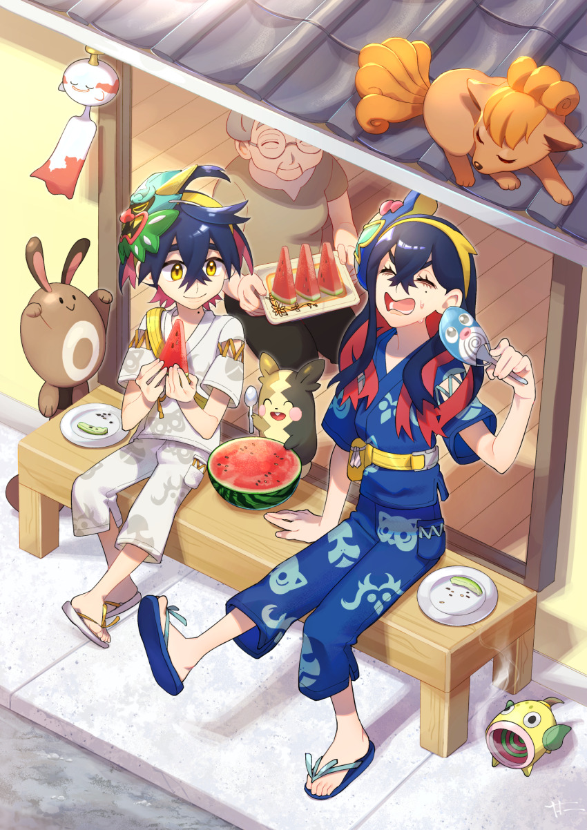 1boy 2girls arm_support bench black_hair blue_pants blue_shirt brother_and_sister carmine_(pokemon) chimecho closed_eyes closed_mouth commentary_request crossed_bangs day eyelashes fanny_pack food fruit gen_1_pokemon gen_2_pokemon gen_3_pokemon gen_8_pokemon hand_fan hand_up hideko_(pokemon) highres holding holding_food holding_fruit holding_watermelon japanese_clothes jinbei_(clothes) kieran_(pokemon) mask mask_on_head mole mole_on_neck morpeko multiple_girls nijuuni_(njn_22) nintendo open_mouth outdoors pants paper_fan pokemon pokemon_(creature) pokemon_sv poliwag sandals sentret shirt short_hair short_sleeves siblings sitting smile sweat tile_roof toes vulpix watermelon watermelon_slice weepinbell white_pants white_shirt yellow_bag yellow_eyes