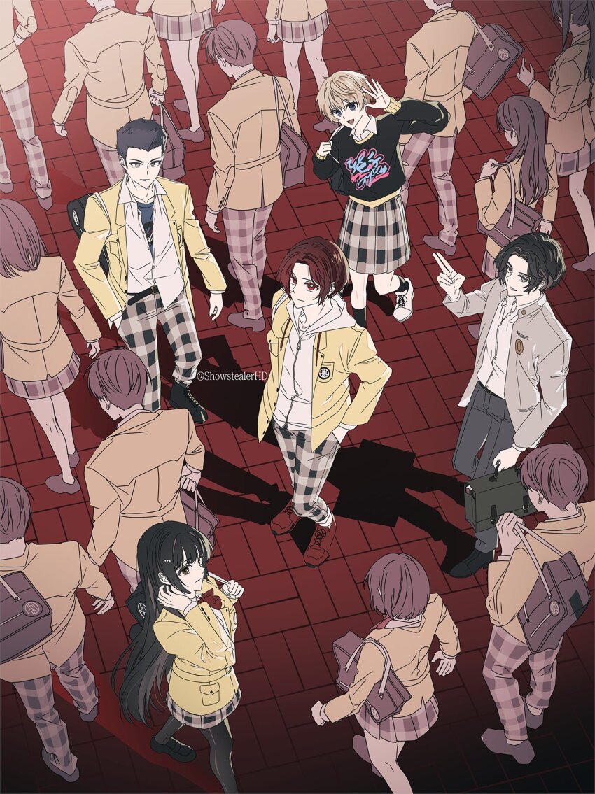 2girls 3boys arai_motoha bag black_hair black_pantyhose black_shoes black_socks black_sweater blonde_hair commentary_request crowd foot_out_of_frame from_above full_body hand_in_own_hair hand_up hashtag-only_commentary highres holding holding_bag hood hoodie ikenami_shouki jacket kamishiro_nagisa kanou_shun korean_commentary looking_at_viewer looking_up multiple_boys multiple_girls pants pantyhose people persona persona_5 persona_5:_the_phantom_x plaid_clothes plaid_pants plaid_skirt red_eyes red_hair red_shoes school_uniform shadow shirt shoes short_hair showstealerhd skirt socks standing sweater tanemura_riko twitter_username walking white_hoodie white_jacket white_shirt white_shoes yellow_jacket