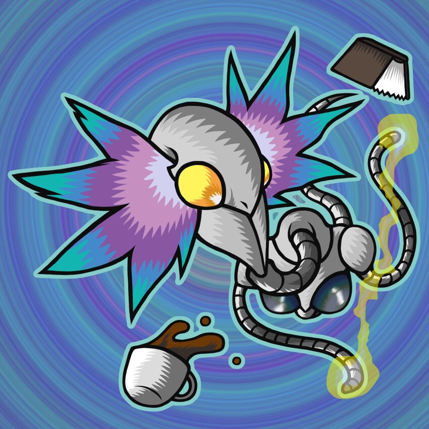 alien alien_psychic armor book cafe chibi coffee coffee_mug cup duel_monster exoskeleton full_body highres monster monster_focus mug no_hands no_humans no_mouth shoulder_armor simple_background tentacles tk_moai_create yellow_eyes yu-gi-oh!