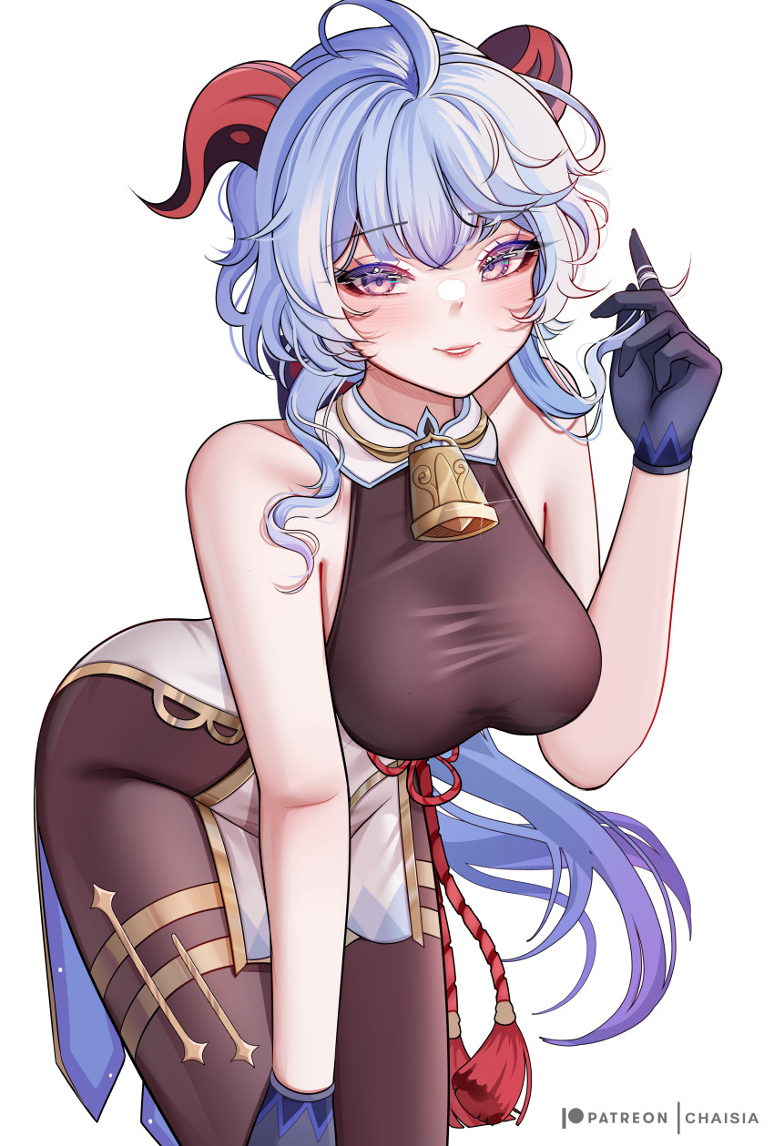 1girl absurdres ahoge bare_shoulders bell black_bodystocking black_gloves blue_hair blush bodystocking breasts chaisia_art commentary cowbell english_commentary ganyu_(genshin_impact) genshin_impact gloves goat_horns hair_between_eyes hand_in_own_hair hand_on_own_knee hand_up highres horns large_breasts leaning_forward lips long_hair looking_at_viewer neck_bell paid_reward_available parted_lips patreon_username purple_eyes simple_background solo very_long_hair white_background