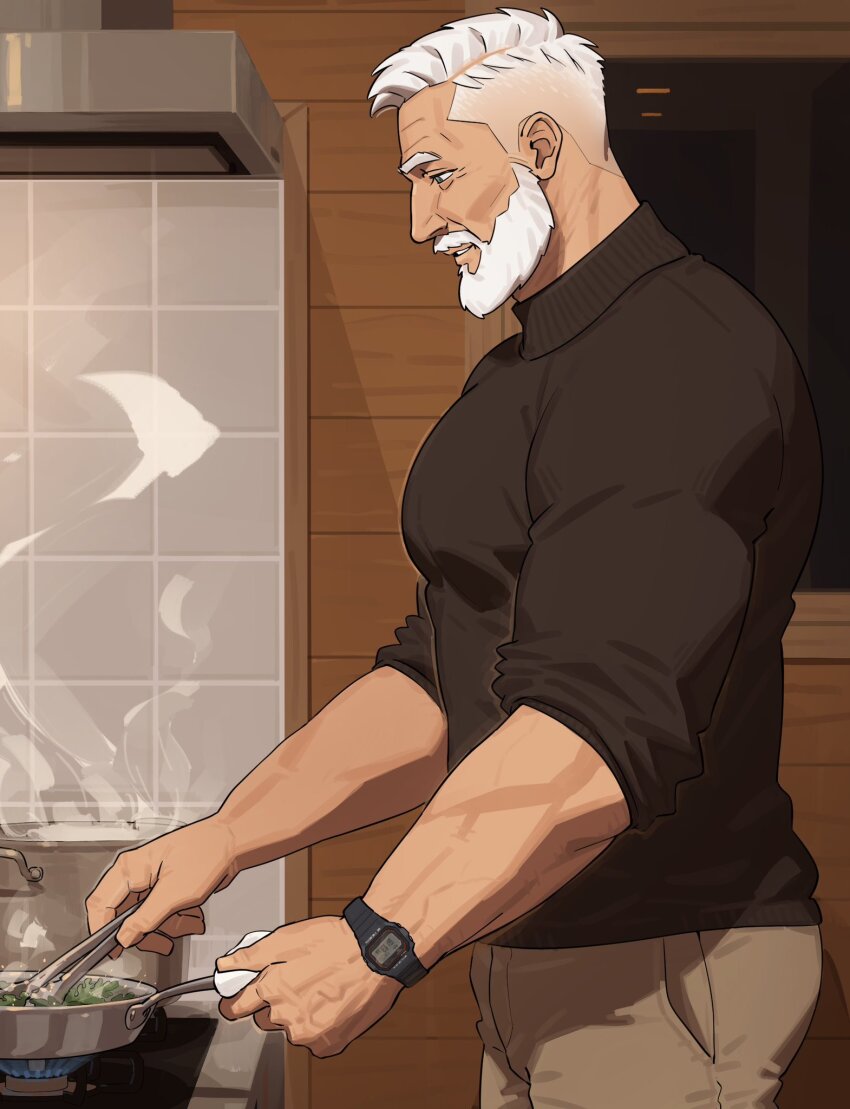 1boy bara blue_eyes brown_pants brown_sweater cooking facial_hair frying_pan highres holding_utensil indoors kitchen male_focus mature_male muscular muscular_male old old_man original pants sa1k0p steam stove sweater utensil watch white_hair wooden_wall wristwatch