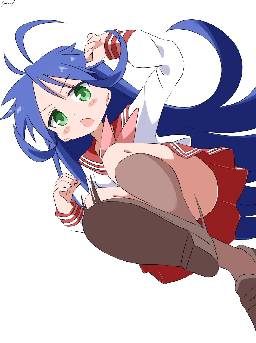 1girl absurdres antenna_hair blue_hair blush_stickers brown_shoes brown_socks choppy_bangs commentary_request cynical_(llcbluckg_c004) dot_nose from_below full_body green_eyes hands_up highres izumi_konata kneehighs long_hair long_sleeves looking_at_viewer lucky_star miniskirt mole mole_under_eye open_mouth panties panty_peek pleated_skirt red_sailor_collar red_skirt ryouou_school_uniform sailor_collar school_uniform serafuku shirt shoes signature simple_background skirt socks solo underwear upskirt v-shaped_eyebrows very_long_hair walking white_background white_panties white_shirt