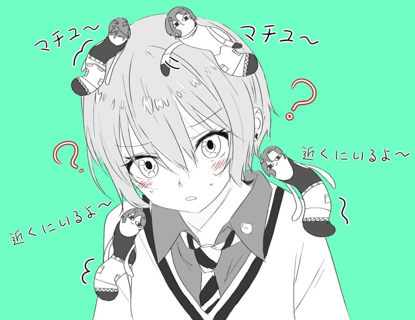 1girl ? ?? amate_yuzuriha blush character_charm charm_(object) collared_shirt commentary_request green_background greyscale_with_colored_background gundam gundam_gquuuuuux highres lyinlyin_1006 necktie school_uniform shirt short_hair shuji_ito simple_background spot_color sweatdrop sweater