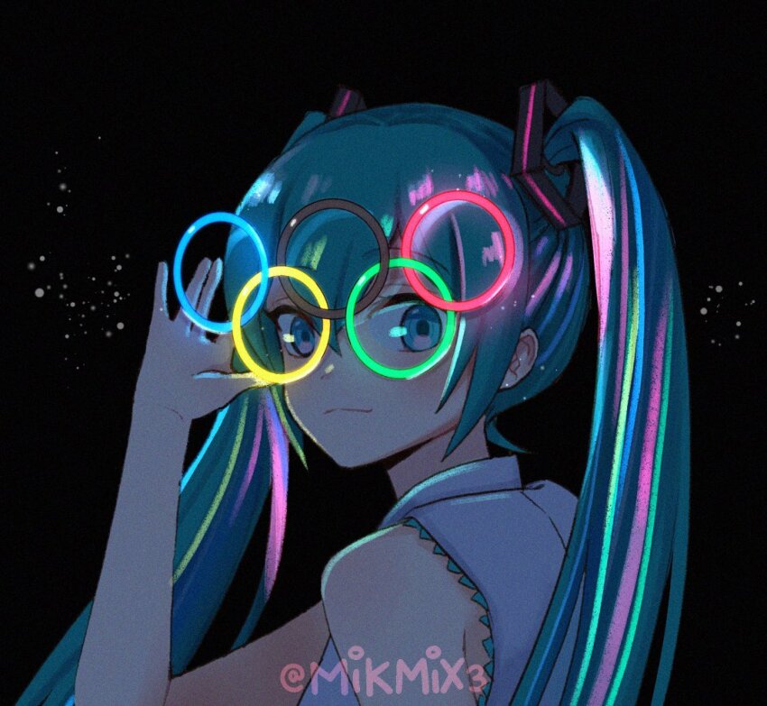 1girl adjusting_eyewear blue_eyes blue_hair commentary english_commentary glasses glowing hatsune_miku long_hair looking_at_viewer looking_back mikmix olympic_rings olympics portrait smile solo twintails vocaloid
