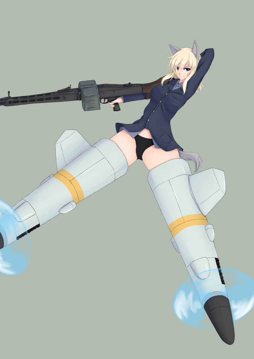 1girl absurdres animal_ears arm_behind_head black_panties blonde_hair blue_eyes blue_jacket breast_pocket buttons dog_ears double-drum_magazine drum_magazine machine_gun grey_background gun high-capacity_magazine highres isosceles_triangle_(xyzxyzxyz) jacket long_hair looking_at_viewer machine_gun magazine_(weapon) mg_34 original panties pocket saddle-drum sidelocks smile solo spread_legs striker_unit thighs trigger_discipline underwear very_long_hair weapon world_witches_series