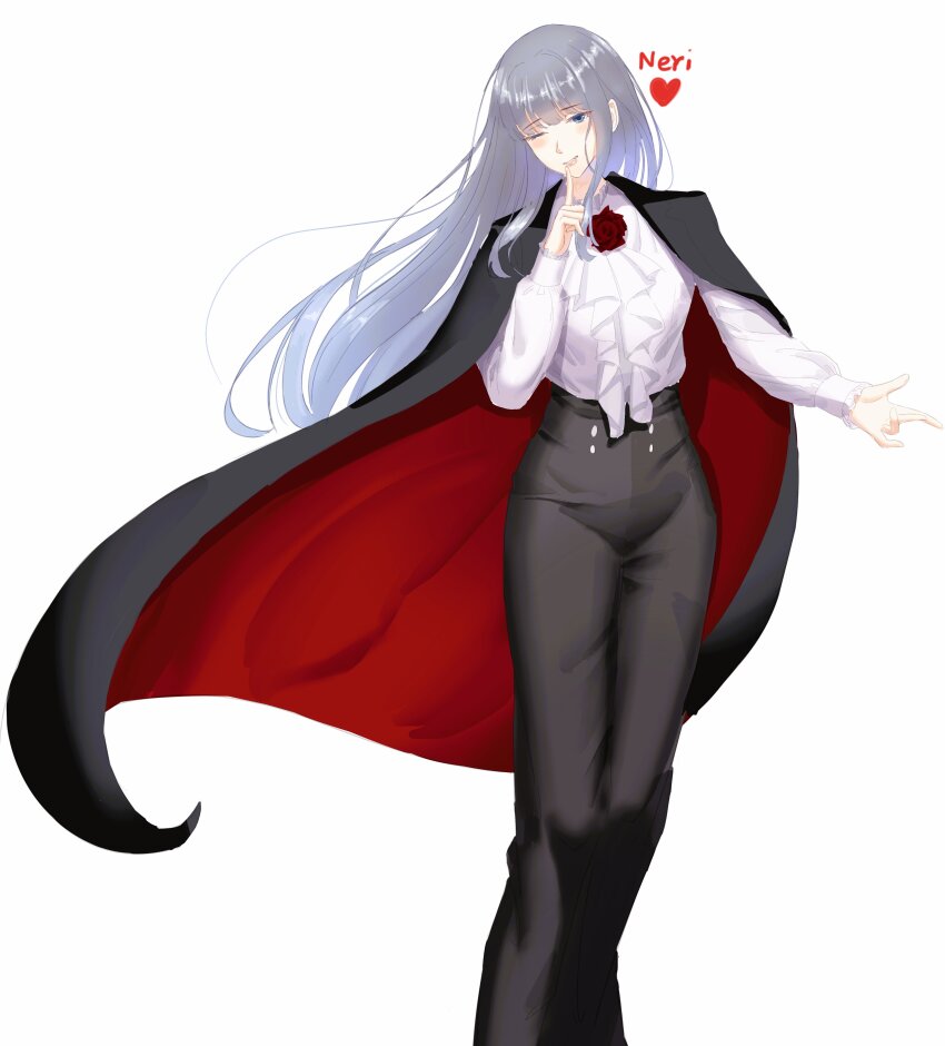 1girl absurdres ascot black_pants coat coat_on_shoulders fang finger_to_mouth floating_hair flower flowers_(innocent_grey) grey_hair hair_down heart highres kafkasea long_sleeves one_eye_closed pants parted_lips shirt sidelocks simple_background solo vampire vampire_costume white_ascot white_background white_shirt yatsushiro_yuzuriha