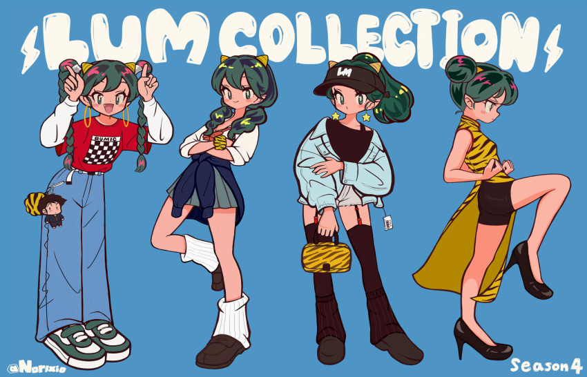 4girls animal_print artist_name bag barcode belt black_bra black_footwear black_shirt black_shorts black_socks blue_background bow bowtie bra bra_strap braid breasts brown_footwear cardigan cardigan_around_waist character_name china_dress chinese_clothes clothes_around_waist commentary_request cone_horns crossed_arms denim denim_jacket denim_shorts double_bun dress earrings english_text full_body garter_straps green_eyes green_footwear green_hair gyaru hair_bun handbag high_ponytail high_twin_braids holding holding_bag horns jacket jeans jewelry kogal layered_clothes layered_sleeves leaning_back leaning_forward leaning_to_the_side leg_up long_hair long_sleeves looking_at_viewer looking_to_the_side loose_socks low_twin_braids lum medium_breasts multiple_girls multiple_views norixio oni open_mouth pants pleated_skirt ponytail price_tag print_dress print_shirt red_bow red_bowtie red_shirt school_uniform scrunchie shirt short_over_long_sleeves short_shorts short_sleeves shorts side_slit single_off_shoulder skirt sleeveless small_horns smile socks star_(symbol) star_earrings striped_horns sweater sweater_around_waist thighhighs tiger_print twin_braids underwear urusei_yatsura white_belt white_shorts white_socks wrist_scrunchie yellow_dress yellow_horns yellow_scrunchie