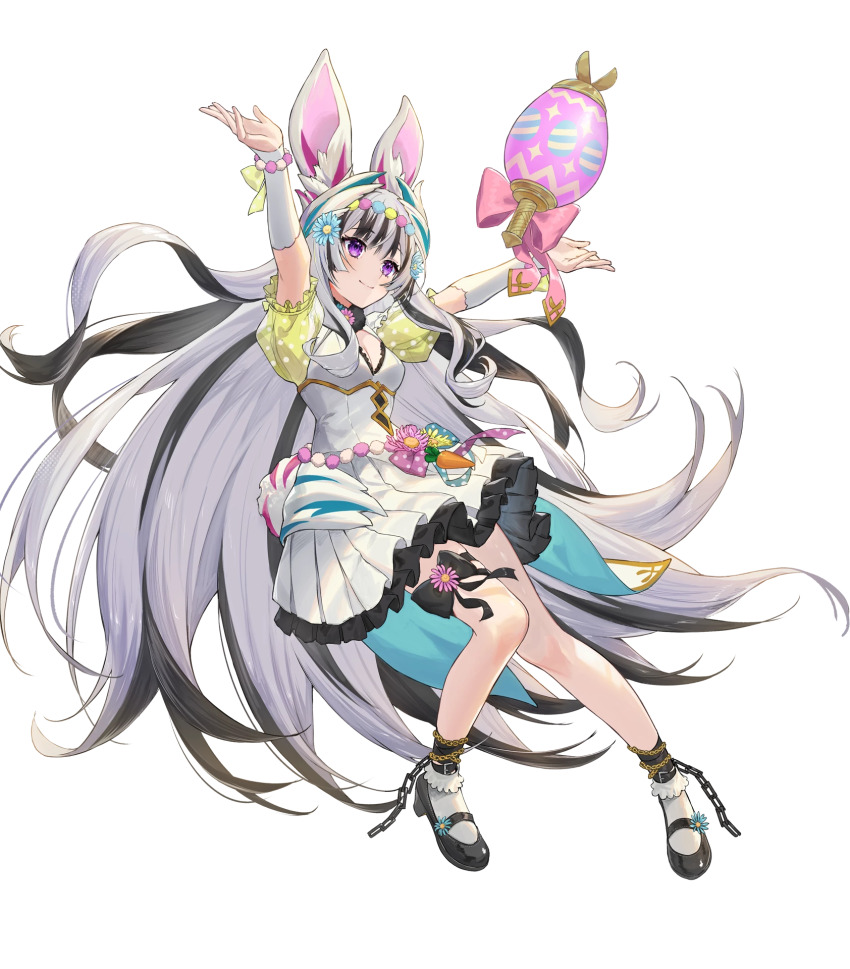 1girl animal_ears attack bare_shoulders black_choker black_hair breasts chain choker cleavage dress egg feather_hair_ornament feathers fire_emblem fire_emblem_engage fire_emblem_heroes full_body grey_hair hair_ornament high_heels highres ichikawa_haru long_hair looking_at_viewer multicolored_hair nintendo non-web_source official_alternate_costume official_art pleated_dress purple_eyes rabbit_ears small_breasts smile streaked_hair two-tone_hair very_long_hair veyle_(fire_emblem) veyle_(spring)_(fire_emblem) wavy_hair white_dress white_hair