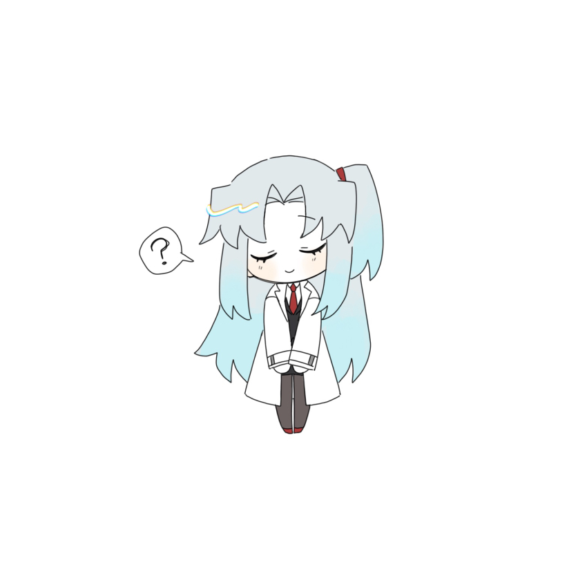 1girl ? angela_(project_moon) black_vest blue_hair brown_pantyhose closed_eyes closed_mouth full_body gradient_hair highres kitaku_(ienikaeru) lab_coat lobotomy_corporation long_hair multicolored_hair one_side_up pantyhose parted_bangs project_moon sidelocks simple_background smile solo speech_bubble very_long_hair vest white_background