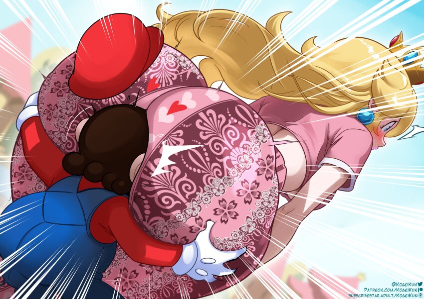 1boy 1girl absurdres ass blonde_hair blush crown earrings face_in_ass forbidden_pants grabbing_another&#039;s_ass groping hat heart hetero highres jewelry kogeikun long_hair mario mario_(series) meme_attire nintendo princess_peach