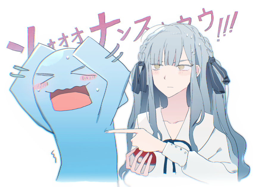 1girl bang_dream! bang_dream!_it&#039;s_mygo!!!!! black_ribbon blue_hair braid character_request commentary hair_ribbon highres holding holding_poke_ball long_hair long_sleeves neck_ribbon nervous_sweating nintendo poke_ball pokemon pokemon_(creature) poking reiboubyou ribbon shirt sidelocks simple_background sweat togawa_sakiko translation_request white_background white_shirt yellow_eyes