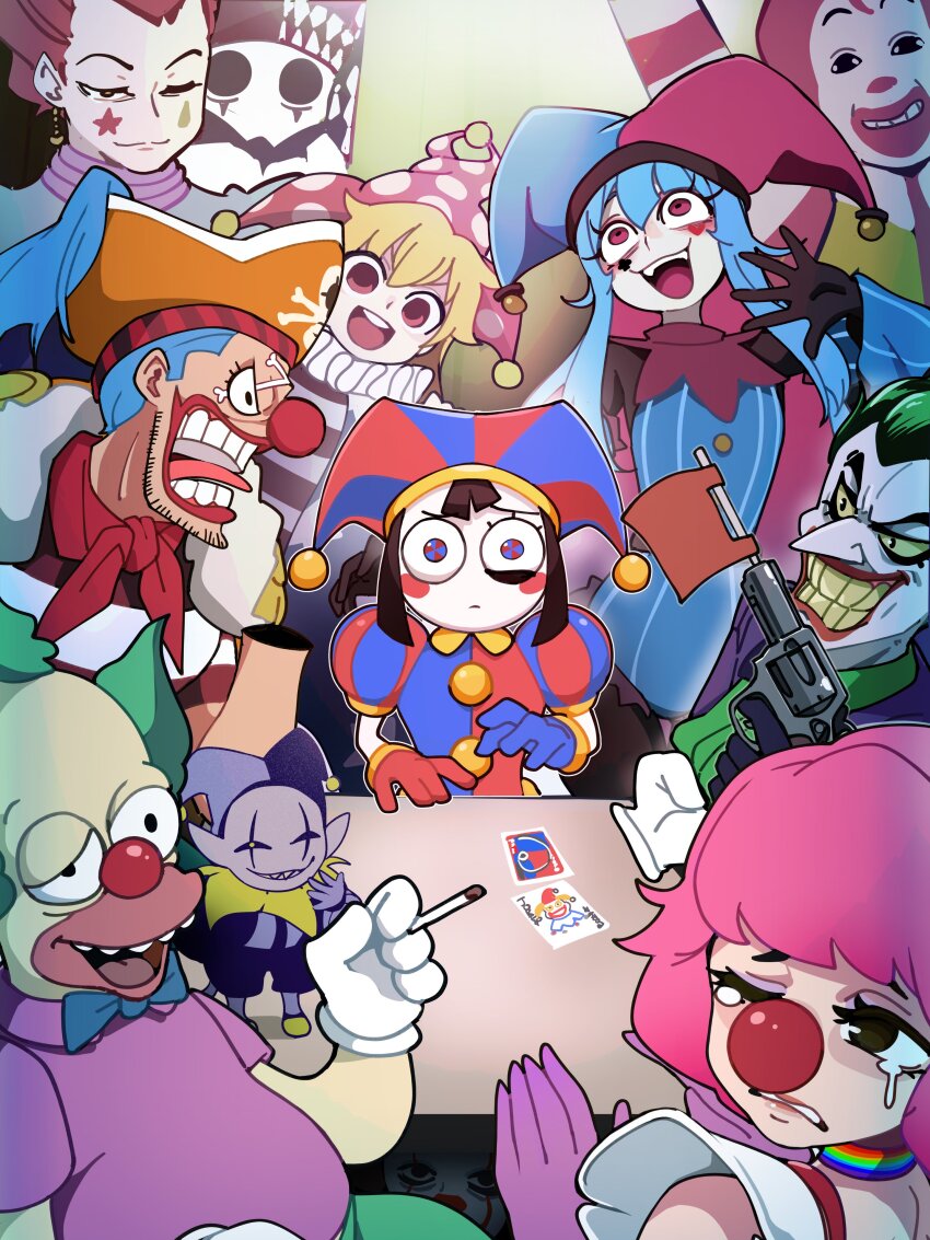 absurdres ace_attorney ascot balatro batman_(series) bongfill buggy_the_clown character_request cigarette clown clown_nose clownpiece crazy_eyes crazy_smile crossover dc_comics deltarune evil_smile facepaint geiru_toneido gloves gun hat highres hisoka_morow hunter_x_hunter it_(stephen_king) jester_cap jevil jimbo_(balatro) krusty_the_clown looking_at_viewer mcdonald&#039;s multiple_crossover one_piece pennywise phoenix_wright:_ace_attorney_-_spirit_of_justice pirate_hat pointy_ears pomni_(the_amazing_digital_circus) red_ascot red_lips ronald_mcdonald sharp_teeth smile table teeth the_amazing_digital_circus the_joker the_simpsons touhou trait_connection weapon white_gloves wide_mouth