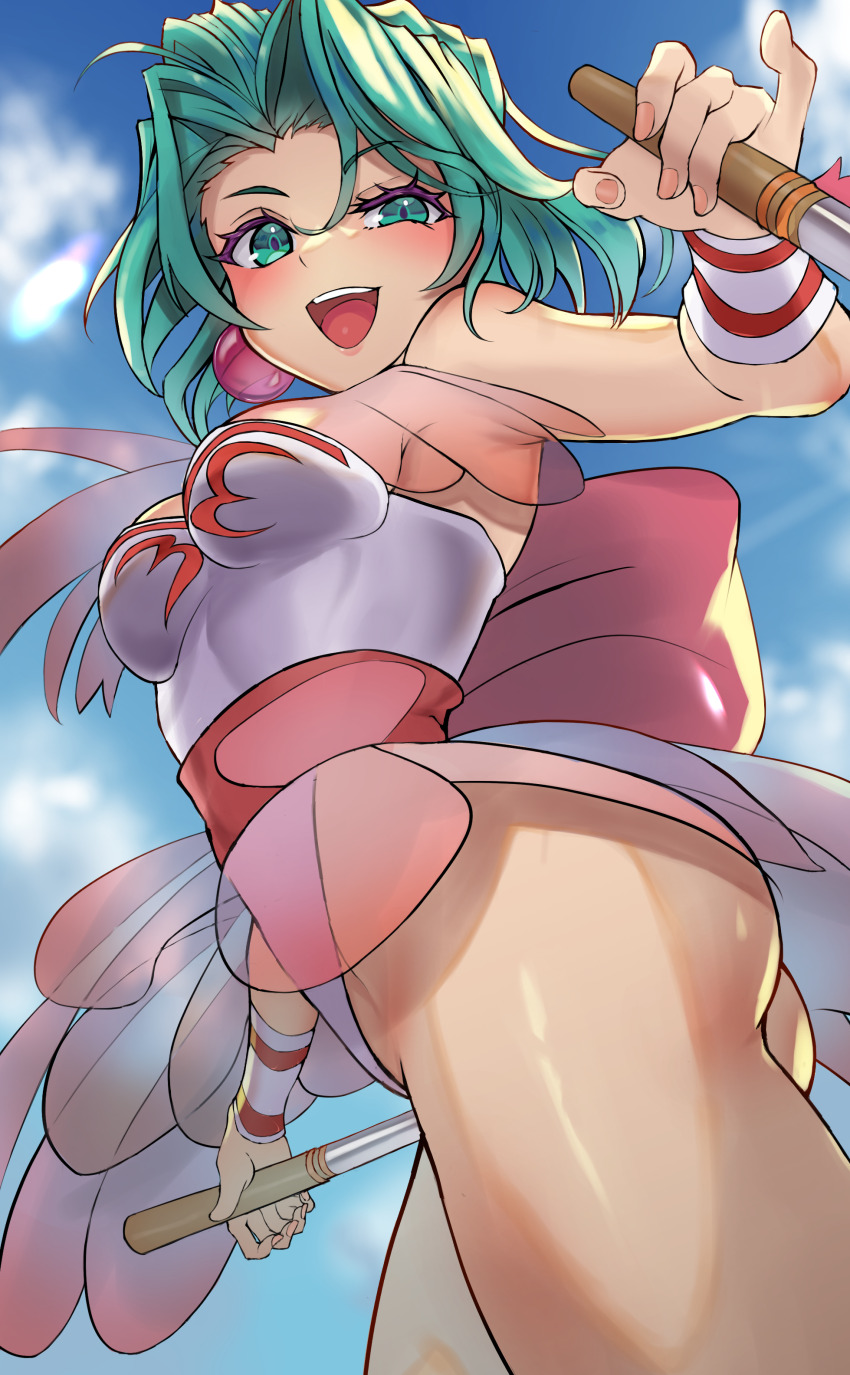 1girl :d absurdres armpits ass back_bow blush bow breasts cloud cowboy_shot dagger dancer dual_wielding earrings ellis_(toushinden) from_below from_side green_eyes green_hair highleg highleg_leotard highres holding jewelry knife leotard looking_at_viewer medium_breasts open_mouth parted_bangs pink_bow reverse_grip sato_one1 see-through_clothes shiny_skin short_hair sky smile solo standing toushinden weapon white_leotard wrist_cuffs