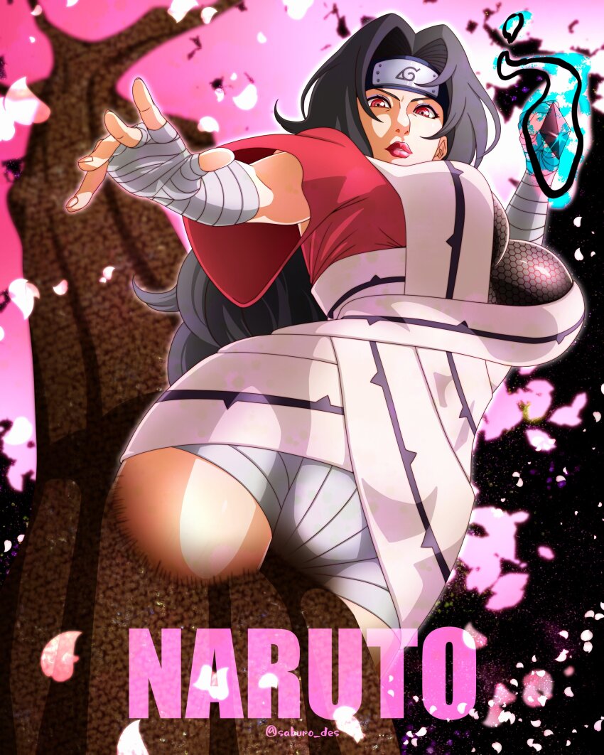 1girl absurdres bandaged_hand bandaged_leg bandaged_wrists bandages black_hair breasts copyright_name forehead_protector from_below highres holding holding_kunai holding_weapon konohagakure_symbol kunai large_breasts looking_at_viewer naruto_(classic) naruto_(series) parted_bangs petals red_eyes red_lips red_shirt saburo_des shirt tree twitter_username weapon yuuhi_kurenai