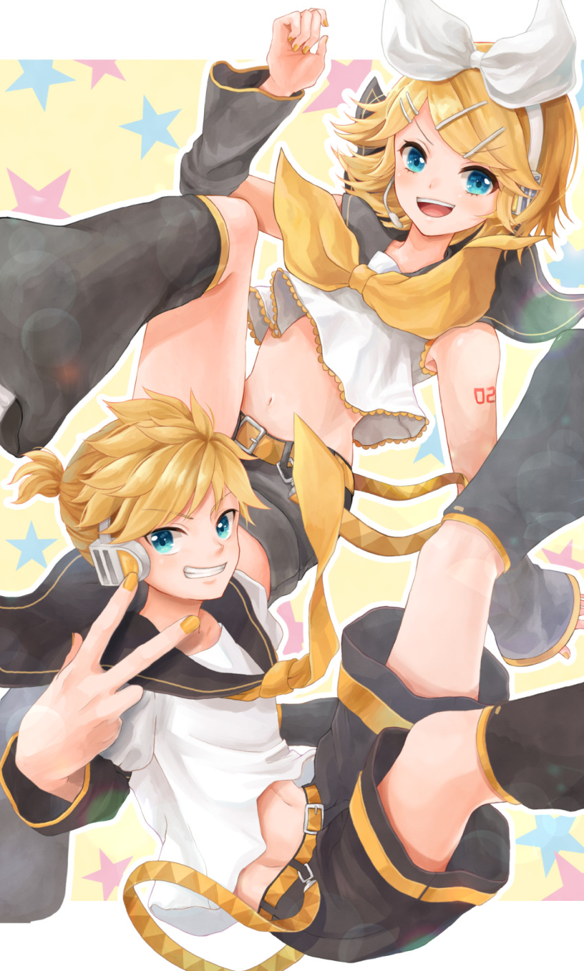 1boy 1girl :d parallel_hairclips arm_tattoo bare_shoulders belt black_leg_warmers black_sailor_collar black_shorts black_sleeves blonde_hair blue_eyes blush bow brother_and_sister commentary_request crop_top detached_sleeves feet_out_of_frame grin hair_bow hair_ornament hairclip hand_up headphones headset highres inward_w kagamine_len kagamine_rin layered_sleeves leg_warmers long_sleeves looking_at_viewer midriff navel neckerchief necktie number_tattoo open_mouth ponytail sailor_collar shirt short_hair short_over_long_sleeves short_ponytail short_shorts short_sleeves shorts siblings sidelocks sleeveless sleeveless_shirt smile spiked_hair star_(symbol) star_symbol_background swept_bangs tattoo teeth twins upper_teeth_only vocaloid w white_shirt yellow_background yellow_belt yellow_nails yellow_neckerchief yellow_necktie yoshiki1020