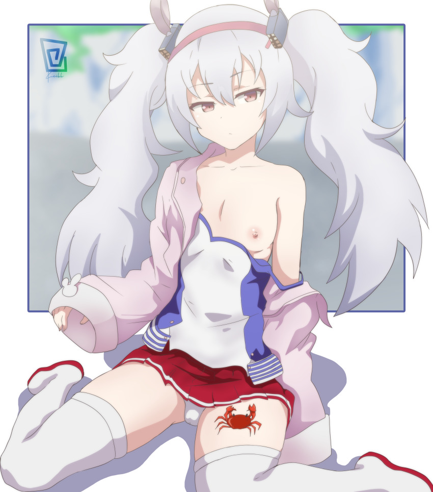 1girl absurdres accidental_exposure animal_ears azur_lane boots breast_slip breasts camisole crab fake_animal_ears female_focus hairband headgear highres keihh laffey_(azur_lane) nipples off_shoulder one_breast_out pleated_skirt rabbit_ears red_eyes red_skirt skirt small_breasts solo thigh_boots thighhighs twintails wardrobe_malfunction white_hair white_thighhighs