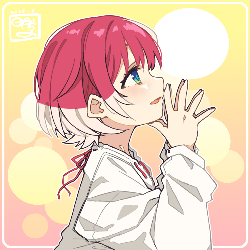 akane_yuki artist_name colored_inner_hair highres idolmaster idolmaster_va-liv looking_to_the_side multicolored_hair official_art red_hair red_ribbon ribbon shirt simple_background tomori_manaka white_shirt