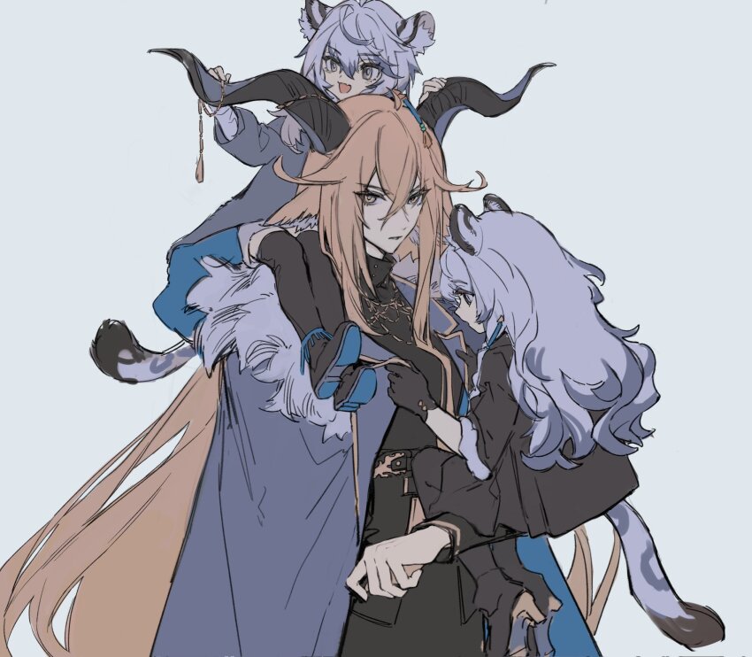 3girls :d aged_down ahoge alternate_costume animal_ear_fluff animal_ears arknights black_boots black_dress black_gloves black_shawl blonde_hair boots braid cliffheart_(arknights) coat curly_hair degenbrecher_(arknights) dress fang fur-trimmed_coat fur_trim gloves goat_ears goat_girl goat_horns grey_dress grey_eyes hair_between_eyes highres horns jewelry leopard_ears leopard_girl leopard_tail multiple_girls ningjiu_9 open_clothes open_coat open_mouth pramanix_(arknights) serious shawl side_braids sidelocks skin_fang smile snow_leopard_ears snow_leopard_girl snow_leopard_tail tail turtleneck turtleneck_dress yellow_eyes