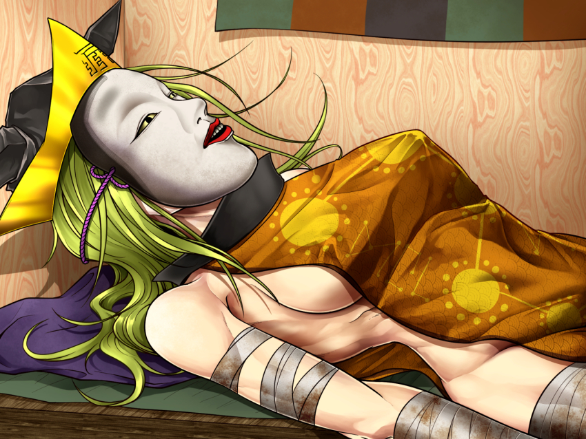 1girl blonde_hair breasts commentary_request lying manatsu_no_yo_no_inmu mask masked matara_okina medium_breasts noh_mask on_back ryuuichi_(f_dragon) sideboob solo tabard touhou upper_body wood yellow_tabard