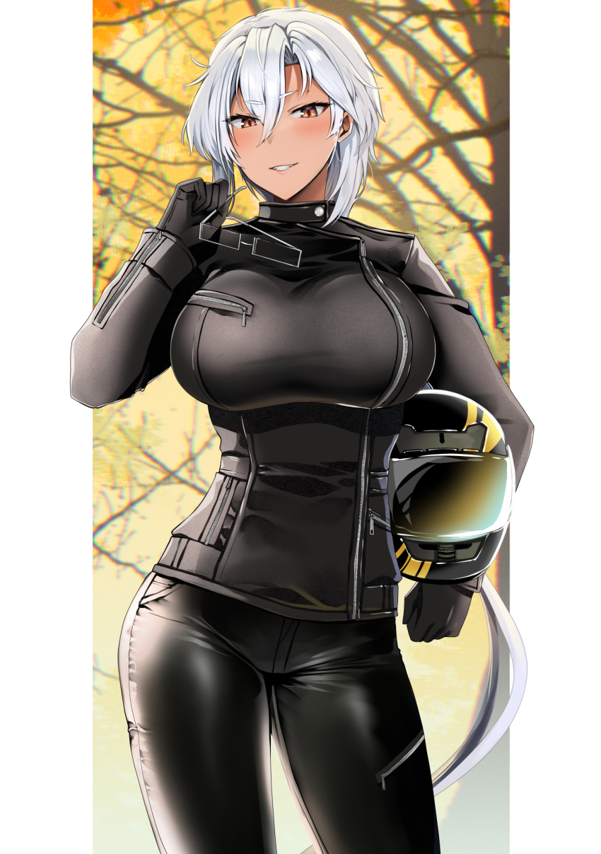 1girl alternate_costume alternate_hairstyle bare_tree biker_clothes black_gloves black_jacket black_pants border breasts dark-skinned_female dark_skin glasses gloves grey_hair hair_between_eyes helmet highres holding holding_helmet holding_removed_eyewear jacket kantai_collection large_breasts leather leather_jacket leather_pants long_hair looking_at_viewer motorcycle_helmet musashi_(kancolle) outdoors outside_border pants parted_lips ponytail skin_tight smile solo tree unworn_eyewear very_long_hair white_border yunamaro