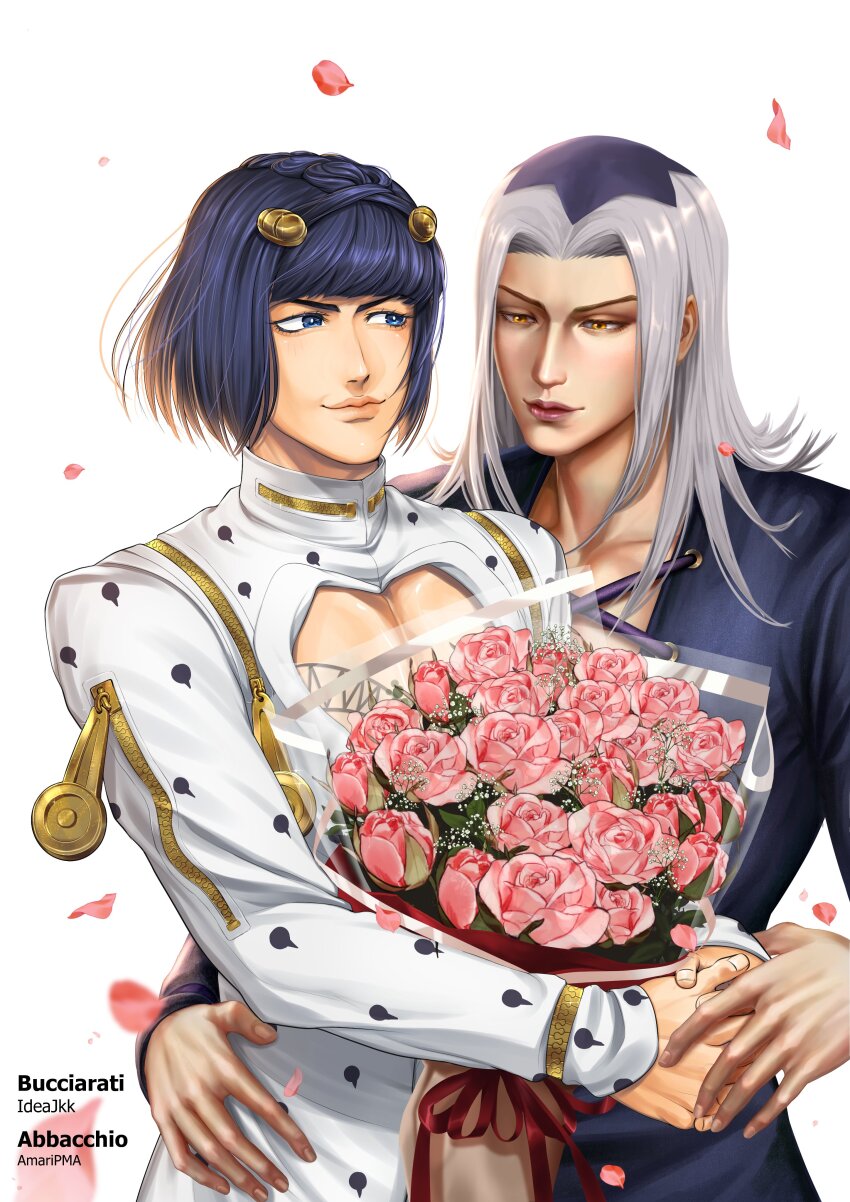 2boys absurdres arm_around_waist artist_collaboration black_coat black_hair blue_eyes blunt_bangs bob_cut bouquet bruno_bucciarati character_name coat commentary english_commentary english_text flower grey_hair hair_ornament hairclip highres holding holding_bouquet ideajkk jacket jojo_no_kimyou_na_bouken leone_abbacchio long_hair looking_at_another male_focus multiple_boys pectoral_cleavage pectorals petals pink_flower pink_rose pma1744 rose smile vento_aureo white_jacket yaoi yellow_eyes zipper zipper_pull_tab