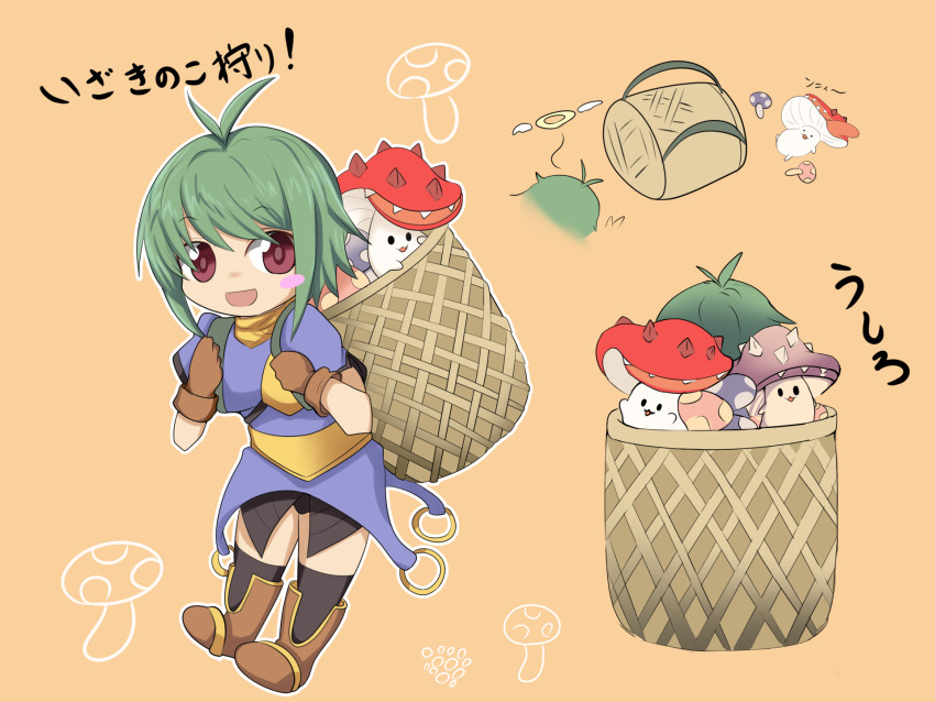 1girl :d antenna_hair archer_(ragnarok_online) armored_skirt backpack_basket basket black_socks blue_shirt blush_stickers boots brown_eyes brown_footwear brown_gloves chibi commentary_request full_body gloves green_hair halo highres huwantei looking_at_viewer muneate mushroom open_mouth poison_spore ragnarok_online shirt short_hair short_sleeves single_blush_sticker smile socks spore_(ragnarok_online) translation_request