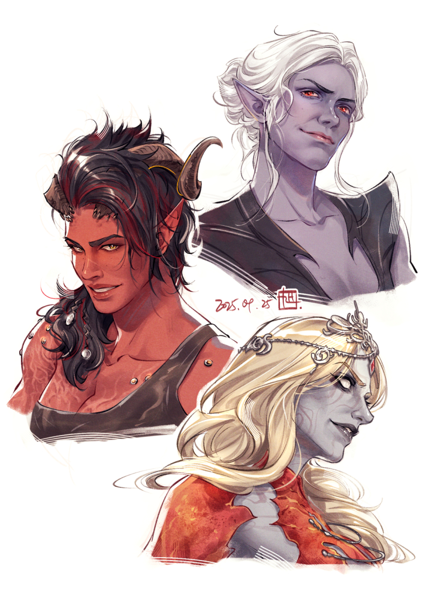 3girls asahi_(baiyameng) baldur&#039;s_gate baldur&#039;s_gate_3 black_eyeshadow black_hair blonde_hair broken_horn collarbone colored_skin dark_elf demon_horns dungeons_&amp;_dragons dungeons_&amp;_dragons elf eyeshadow grey_skin headpiece highres horns karlach looking_at_viewer makeup medium_hair minthara multicolored_hair multiple_girls orin_the_red pointy_ears portrait purple_skin red_eyes red_skin short_hair simple_background smile streaked_hair tiefling white_background white_hair