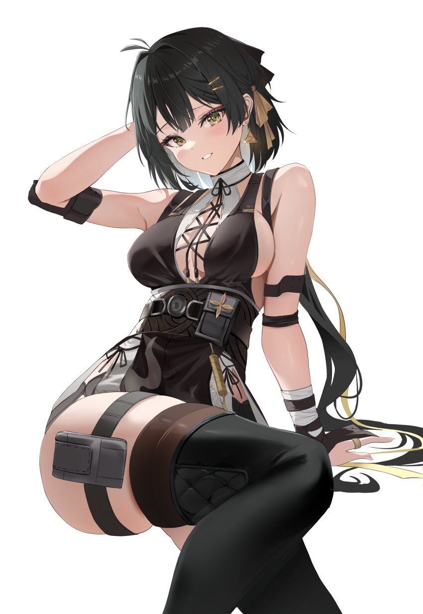 1girl absurdres bandaged_wrist bandages bare_shoulders black_boots black_dress black_hair black_thighhighs boots breasts commentary cross-laced_clothes cross-laced_dress dress elbow_pads feet_out_of_frame female_rover_(wuthering_waves) hair_ribbon hashtag-only_commentary highres large_breasts looking_at_viewer parted_lips pouch ribbon rover_(wuthering_waves) runa_(user_guwn7382) simple_background skindentation solo thigh_boots thigh_pouch thighhighs thighhighs_under_boots thighs triangle_mouth white_background wuthering_waves yellow_eyes yellow_ribbon