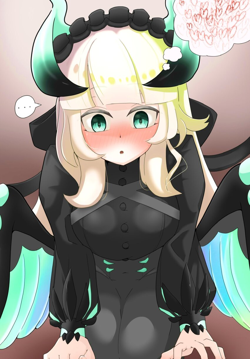 1girl black_dress black_wings blonde_hair blush brown_background chamber_dragonmaid dragon_girl dragon_horns dragon_wings dress duel_monster gradient_background green_eyes green_wings heart highres horns kneeling maid maid_headdress simple_background solo speech_bubble thought_bubble wings wize_(adklahniehov6ib) yu-gi-oh!