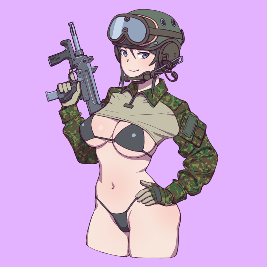 1girl bikini black_bikini black_hair blue_eyes blush breasts camouflage camouflage_jacket chouno_ami cleavage closed_mouth combat_helmet girls_und_panzer gun hand_on_own_hip helmet highres jacket large_breasts looking_at_viewer machine_pistol military military_combat_uniform military_uniform minebea_pm-9 navel onsen_tamago_(hs_egg) purple_background rifle short_hair simple_background smile solo submachine_gun swimsuit thong_bikini weapon