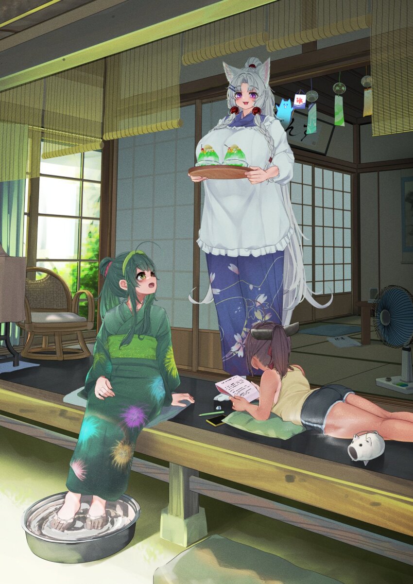 3girls animal_ears apron architecture ass barefoot basin black_shorts breasts brown_hair commentary_request day dolphin_shorts east_asian_architecture electric_fan food fox_ears fox_girl green_eyes green_hair green_kimono high_ponytail highres holding holding_notebook holding_tray house huge_breasts incense_burner japanese_clothes kappougi kayari_buta kimono long_hair looking_at_another looking_back lying medium_hair multiple_girls ne_an_ito nhk_(voiceroid) notebook on_stomach open_mouth outdoors ponytail purple_eyes relaxing shaved_ice short_shorts shorts shouji siblings sisters sitting sliding_doors smile soaking_feet standing summer tan tank_top touhoku_itako touhoku_kiritan touhoku_zunko tray veranda very_long_hair voiceroid white_apron white_hair wide_shot wind_chime yellow_tank_top