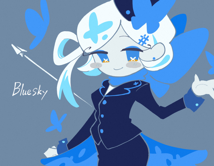 1girl akibevillage arm_at_side black_jacket black_skirt blue_butterfly blue_eyes blue_eyeshadow blue_hair blue_scarf blue_sleeve_cuffs blue_wings bluesky blush_stickers breasts bug butterfly butterfly_hair_ornament buttons closed_mouth colored_skin commentary_request copyright_name cowboy_shot eyeshadow flat_color flight_attendant grey_background hair_behind_ear hair_ornament hair_ribbon hand_up hashtag_hair_ornament highres insect jacket lapels looking_at_viewer low_wings makeup multicolored_hair no_nose paper_airplane parted_hair personification ribbon scarf short_hair simple_background skirt sleeve_cuffs small_breasts smile solo standing streaked_hair swept_bangs travel_attendant two-tone_hair white_hair white_ribbon white_skin wings