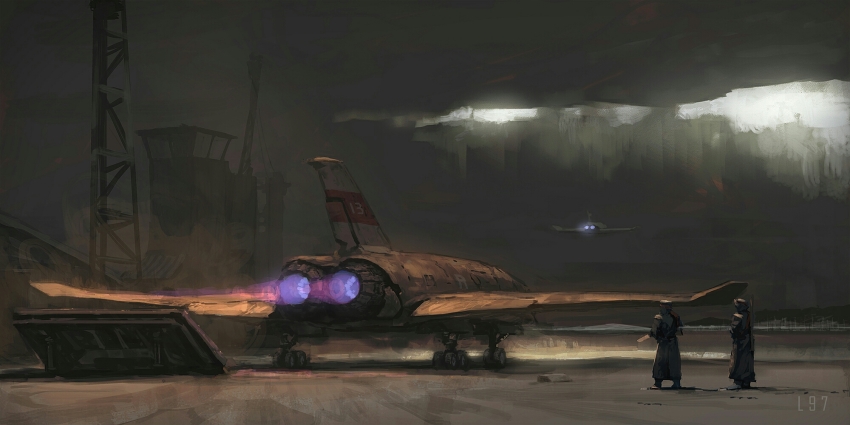 2boys aircraft airplane building dark field highres launch_pad launching lhlclllx97 multiple_boys night original scenery takeoff thrusters tower war