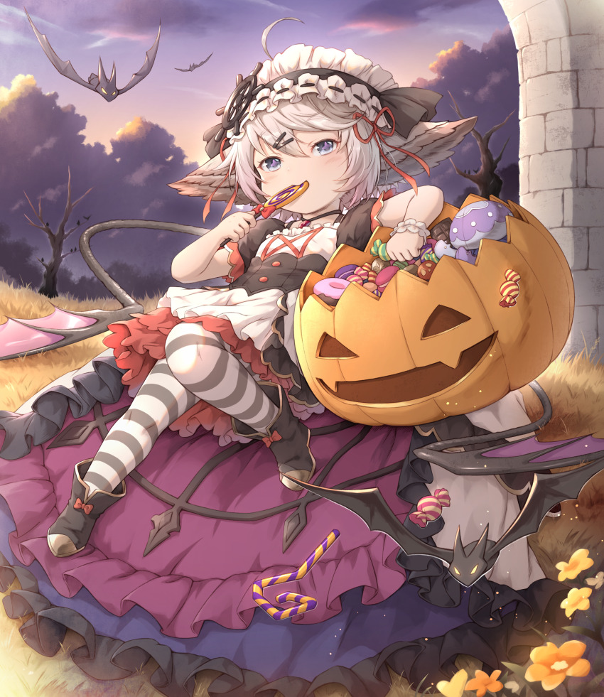 1girl absurdres bat_(animal) black_boots black_dress black_eyes black_pantyhose boots candy commentary_request dress food granblue_fantasy halloween halloween_bucket harvin highres holding holding_candy holding_food jack-o&#039;-lantern khell maid maid_headdress outdoors pantyhose red_ribbon ribbon short_sleeves solo striped_clothes striped_pantyhose sweets two-tone_pantyhose wamdus_(granblue_fantasy) white_pantyhose