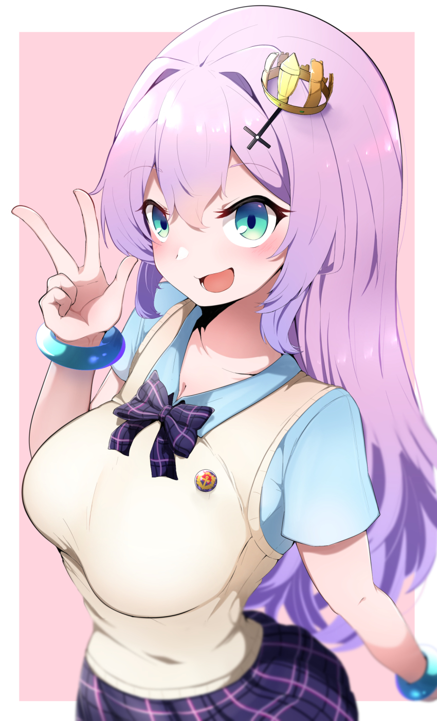 1girl absurdres azur_lane blue_shirt border bow collared_shirt cross_hair_ornament crown hair_between_eyes hair_ornament highres javelin_(azur_lane) javelin_(slow_ahead!)_(azur_lane) long_hair looking_at_viewer mini_crown neck_ribbon official_alternate_costume pink_background plaid_bow plaid_ribbon purple_ribbon purple_skirt ribbon school_uniform shirt short_sleeves skirt solo sweater_vest tadai_nu upper_body vest white_border