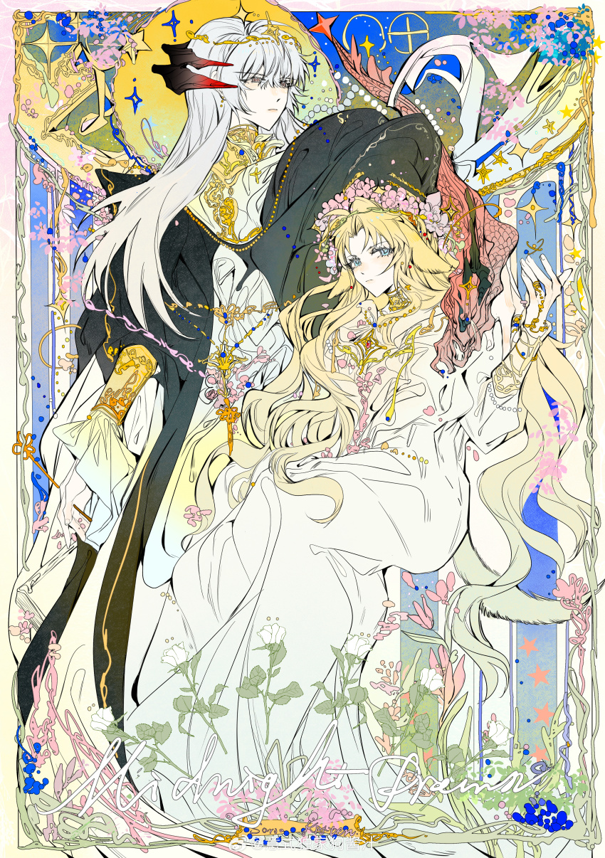 2girls absurdres animal_ears arknights blonde_hair blue_eyes dog_ears dog_tail dragon_tail dress full_body highres horns jewelry kristen_(arknights) lillizzy long_hair multiple_girls necklace orange_eyes saria_(arknights) serious sparkle tail very_long_hair white_hair