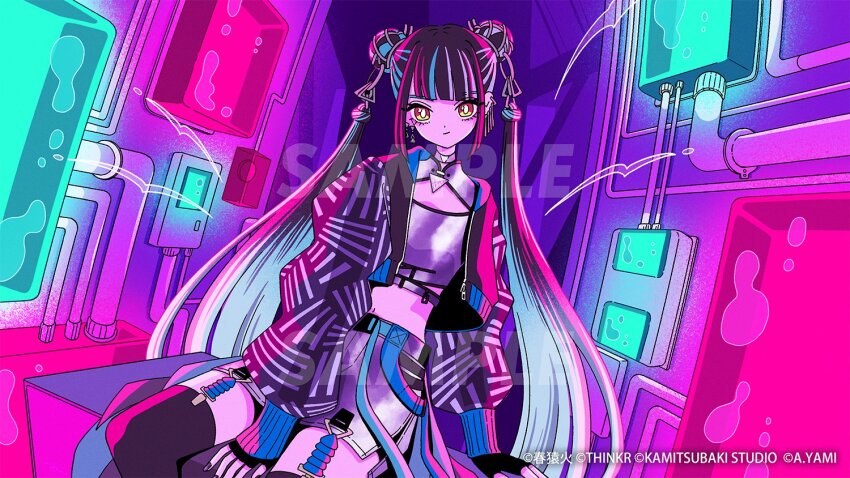 1girl black_hair black_jacket black_thighhighs cleavage_cutout clothing_cutout crop_top double_bun grey_shirt grey_skirt hair_between_eyes hair_bun hair_rings harusaruhi jacket kamitsubaki_studio long_hair looking_at_viewer midriff multicolored_hair nakazawa_ayami neon_palette red_eyes sample_watermark shirt skirt smile solo streaked_hair thighhighs twintails very_long_hair watermark