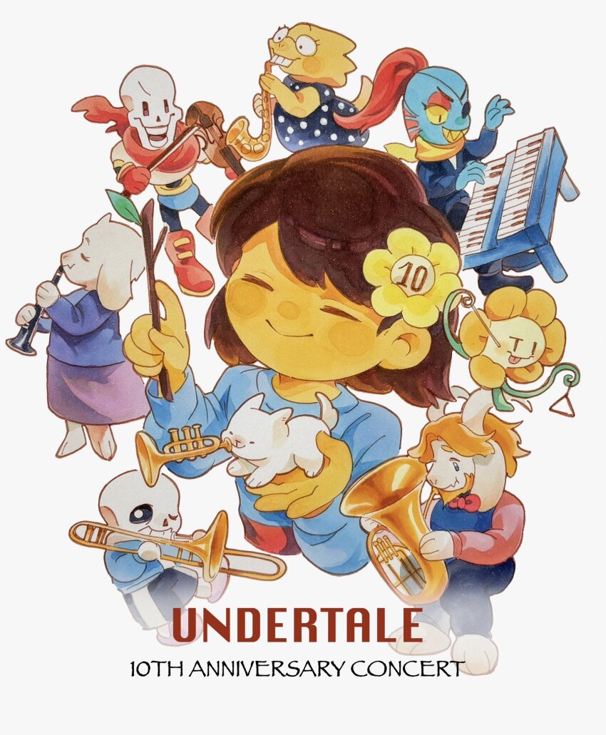1other 3girls 4boys alphys annoying_dog asgore_dreemurr black_shorts blue_jacket blue_skin chibi closed_eyes closed_mouth colored_skin copyright_name dog english_text flower frisk_(undertale) full_body goat_girl hair_flower hair_ornament highres holding holding_instrument holding_trombone holding_violin instrument jacket multiple_boys multiple_girls music open_mouth papyrus_(undertale) piano playing_instrument sans_(undertale) shorts skeleton smile sunflower teeth tomato_ameeeee tongue tongue_out toriel trombone undertale undyne utdr_(toby_fox) violin white_dog