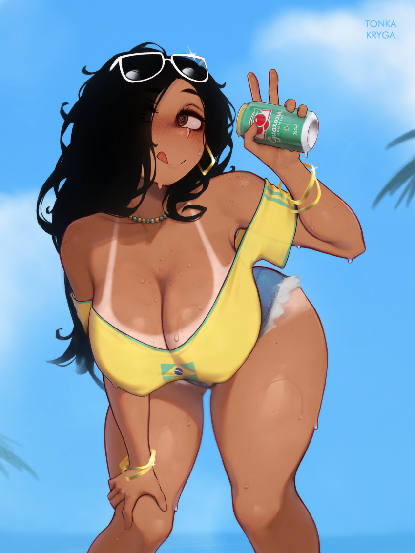 1girl @_@ absurdres alternate_skin_color bead_necklace beads bent_over bikini_tan black_hair blue_sky blush body_freckles bracelet brazilian_flag brazilian_flag_print brazilian_miku brazilian_miku_(cosplay) brazilian_sadako breasts brown_eyes can cleavage cosplay covered_erect_nipples cutoffs dark-skinned_female dark_skin day denim denim_shorts drink_can earrings eyewear_on_head fang flag_print freckles gold_bracelet gold_earrings guarana_antarctica hand_on_own_knee hatsune_miku highres holding holding_can jewelry large_breasts licking_lips long_hair motion_blur multiple_bracelets necklace no_bra nose_blush off_shoulder rectangular_earrings shorts shorts_tan sky soda_can solo sunglasses sweat tan tanline tanline_peek teeth the_ring thick_thighs thighs tongue tongue_out tonka_kryga upper_teeth_only v vocaloid white-framed_eyewear yamamura_sadako