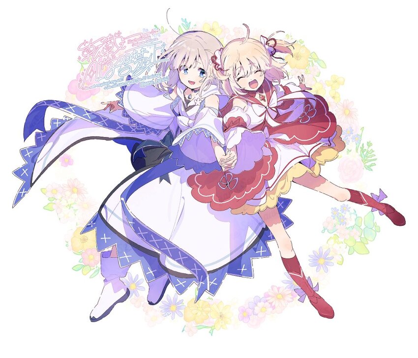 2girls ^_^ ahoge ayano_rika bare_shoulders black_dress blonde_hair blue_choker blue_eyes blunt_bangs boots bow bowtie chest_jewel choker closed_eyes collar commentary_request detached_collar detached_sleeves dot_nose dress dress_ribbon eyes_visible_through_hair floating_clothes floating_hair floral_background flower_knot footwear_bow frilled_dress frills full_body gem grey_hair hair_between_eyes hair_ornament hair_over_one_eye hair_ribbon hair_scrunchie happy holding_hands interlocked_fingers isuzu_ren juliet_sleeves kneehighs knees lace-trimmed_robe lace-trimmed_sleeves lace_trim layered_dress light_blush long_sleeves looking_at_viewer loose_hair_strand magia_record:_mahou_shoujo_madoka_magica_gaiden magical_girl mahou_shoujo_madoka_magica multiple_girls open_mouth puffy_sleeves red_boots red_collar red_dress red_gemstone red_ribbon red_sailor_collar red_sleeves red_socks ribbon robe sailor_collar sample_watermark scrunchie serizawa_serizane short_dress short_hair signature sleeveless sleeveless_dress smile socks tareme twitter_username two-tone_sleeves two_side_up watermark white_background white_boots white_bow white_bowtie white_dress white_ribbon white_robe white_scrunchie white_sleeves