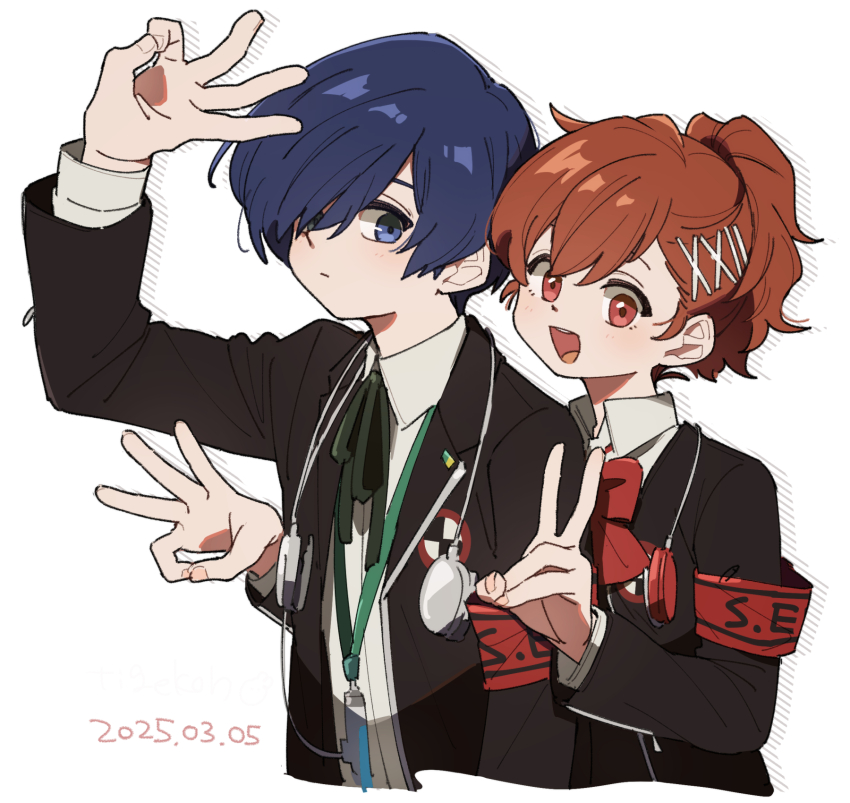 1boy 1girl armband black_jacket blue_eyes blue_hair brown_hair cheeseko collared_shirt commentary_request dated digital_media_player gekkoukan_high_school_uniform hair_ornament hair_over_one_eye hairclip highres jacket long_sleeves open_clothes open_jacket open_mouth persona persona_3 persona_3_portable red_armband red_eyes school_uniform shiomi_kotone shirt simple_background upper_body v w white_background white_shirt yuuki_makoto_(persona_3)