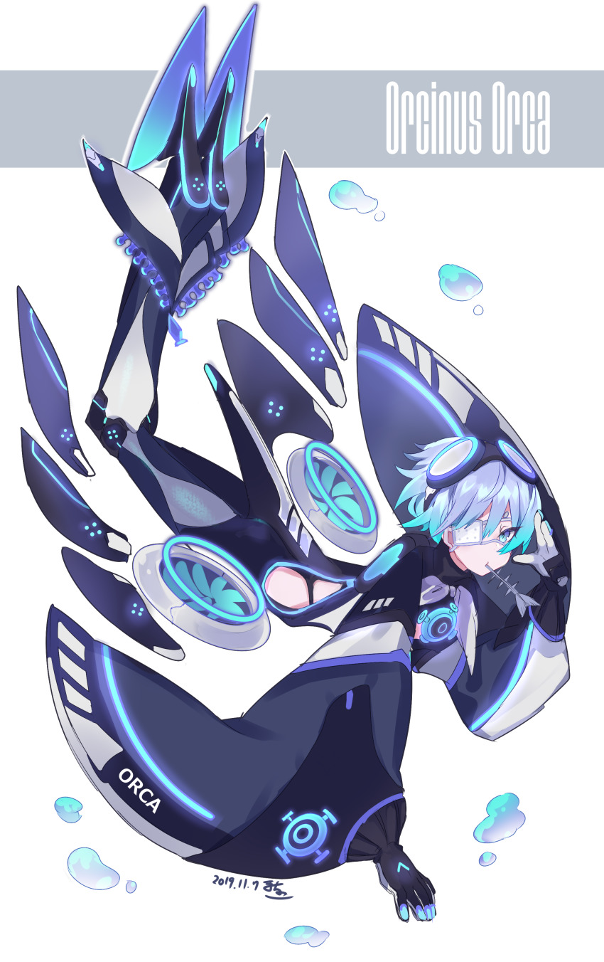 1boy absurdres blue_eyes blue_hair bodysuit bubble commentary_request dated eyepatch fish_skeleton full_body goggles goggles_on_head highres light_blue_hair looking_at_viewer macchoko male_focus mecha_danshi medical_eyepatch monofin neon_trim orca original personification salute solo white_background wide_sleeves