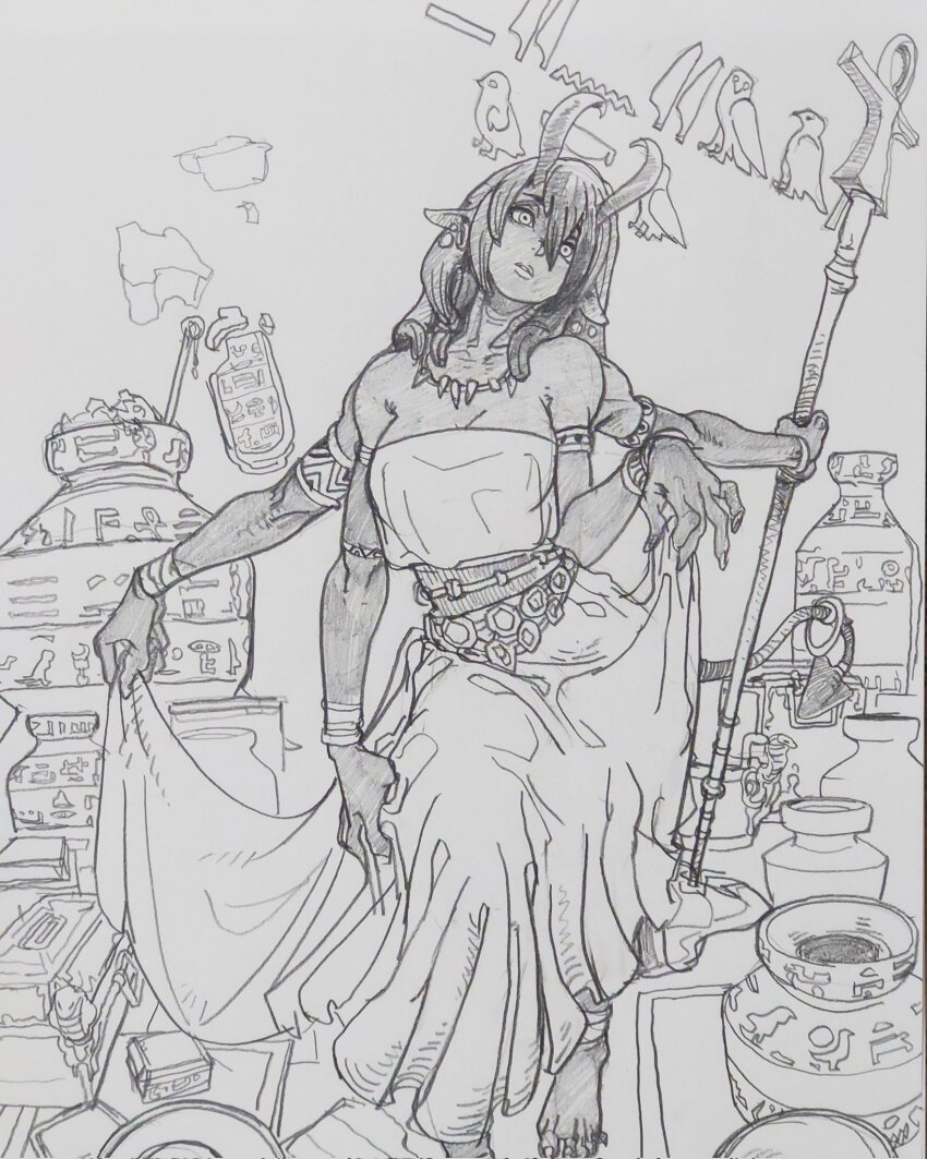 1girl animal_ears anklet armlet bangle bare_shoulders barefoot belt bracelet breasts cleavage commentary_request dark-skinned_female dark_skin demon_tail dress earrings expressionless extra_arms gazelle_ears gazelle_horns graphite_(medium) greyscale hair_between_eyes head_back hieroglyphics highres holding holding_staff hoop_earrings jar jewelry large_breasts lipgloss long_dress long_hair looking_at_viewer monochrome necklace okinawanogori original parted_lips raised_eyebrows sitting skirt_hold solo sphere_earrings staff tail toned tooth_necklace traditional_media