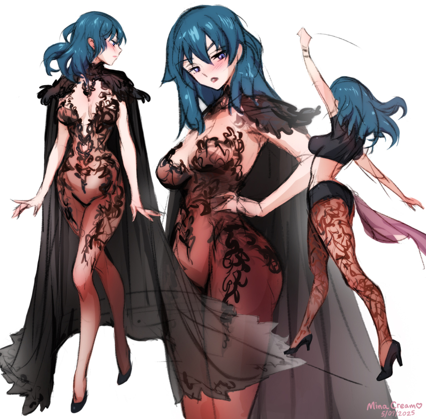 1girl armpits arms_up black_dress black_shirt black_shorts blue_eyes blue_hair blush breasts cape chronopattern_dress cleavage closed_mouth crop_top dress female_byleth_(fire_emblem) fire_emblem fire_emblem:_three_houses hair_between_eyes high_heels highres large_breasts long_hair meme_attire mina_cream navel nintendo pantyhose pantyhose_under_shorts patterned_legwear print_pantyhose shirt shorts simple_background smile solo