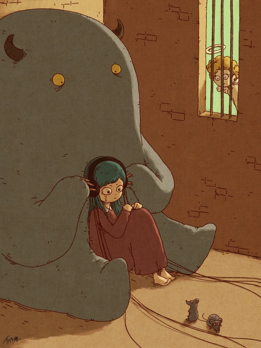 2girls absurdres angel angel_wings animal barefoot barred_window blonde_hair blue_hair brick_wall crying crying_with_eyes_open dress floor halo headphones highres horns itogekijyo looking_inside monster mouse_(animal) multiple_girls on_floor original prison_cell red_dress signature sitting tears wings